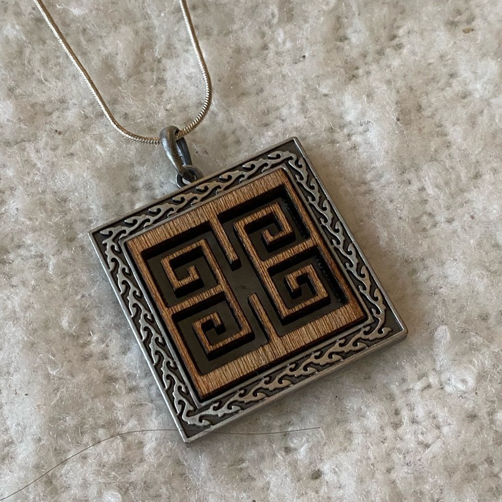 Vintage Wood Square Pendant Necklace Geometric Cut Out Boho Statement Jewelry